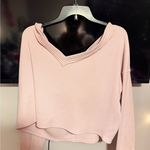 Sweaters - Cropped Pink Knit V-Neck Off shoulder Sweater